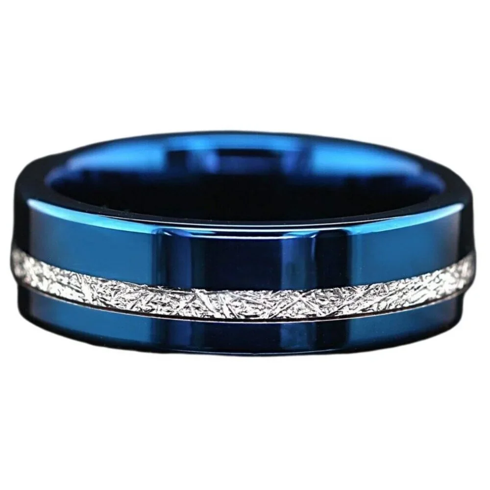 High Polished Blue Tungsten Carbide 8MM with simulated Silver Meteorite Inlay